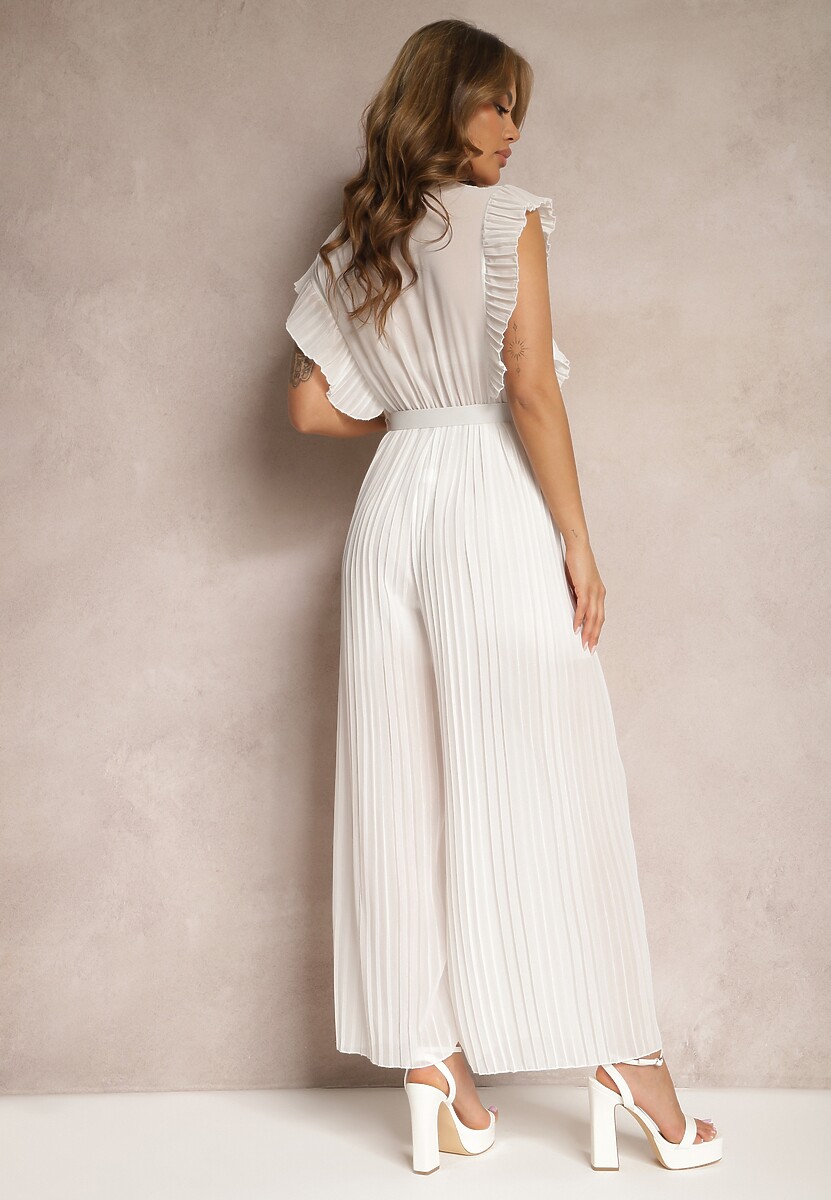 Biały Plisowany Kombinezon z Falbankami i Szerokimi Nogawkami Jarina