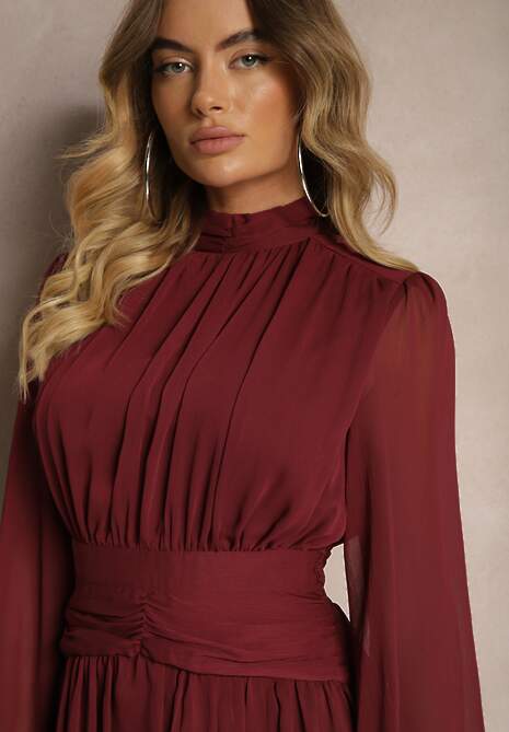 Bordowa Rozkloszowana Sukienka z Półprzeźroczystymi Wstawkami i Stójką Gelabine