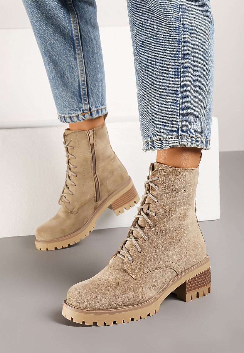 Beżowe Botki ze Sznurowaniem Ditra