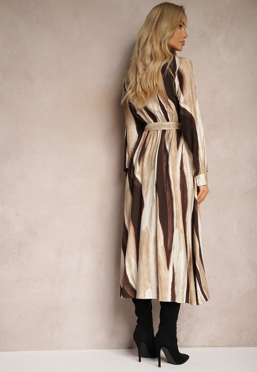 Brązowa Koszulowa Sukienka w Abstrakcyjne Paski o Długim Kroju z Gumką i Paskiem w Talii Nerithal