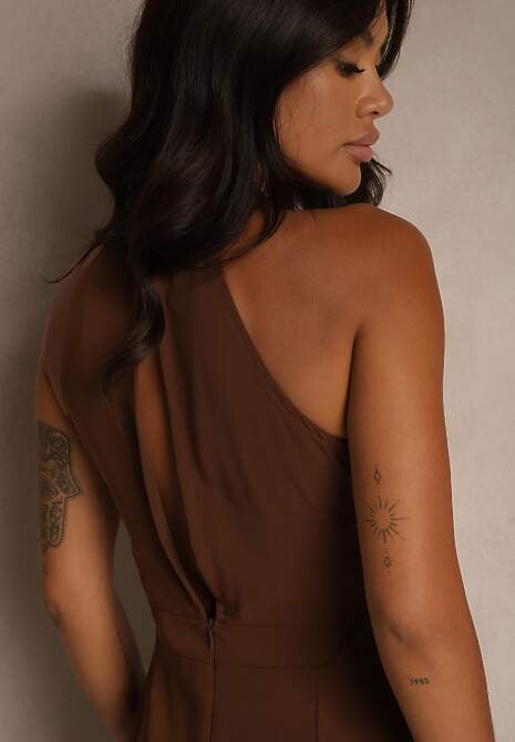 Brązowy Kombinezon Wide Leg z Ozdobnym Wiązaniem przy Szyi Silelia