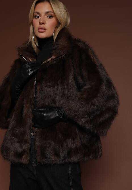 Brązowa Kurtka Futerko z Kołnierzem i Szerokimi Rękawami 3/4 Zapinana na Suwak Clauda