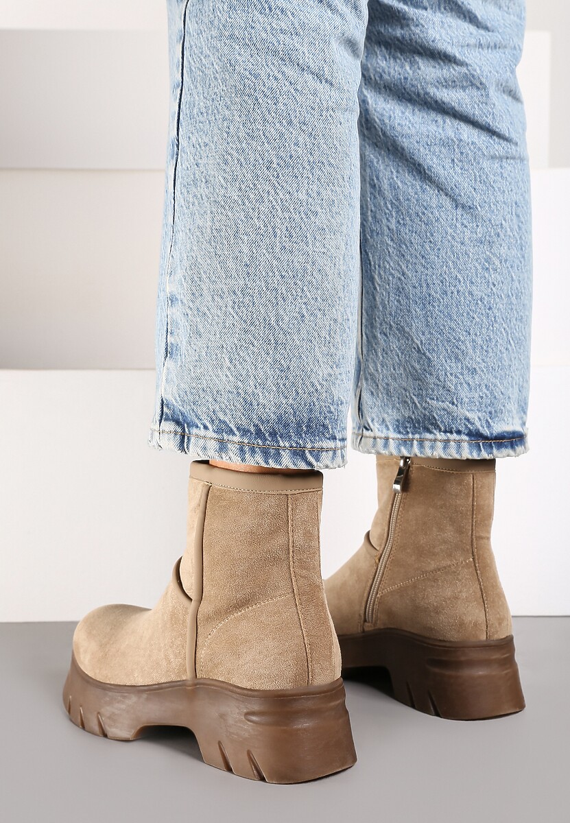 Ciemnobeżowe Ekozamszowe Botki na Grubej Podeszwie Cinzina