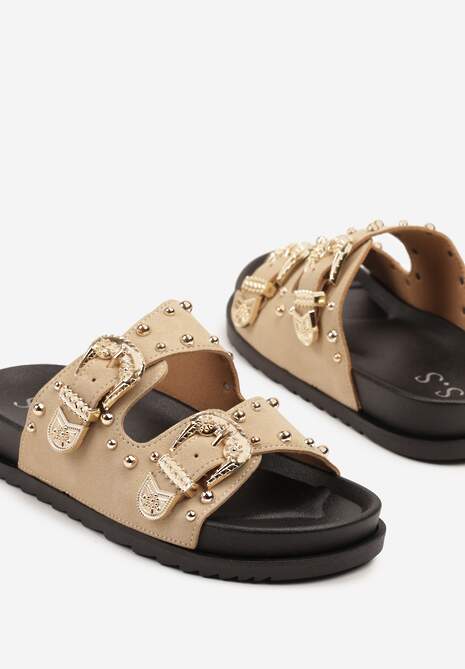 Beżowe Klapki z Ozdobnymi Sprzączkami i Nitami Ulkio