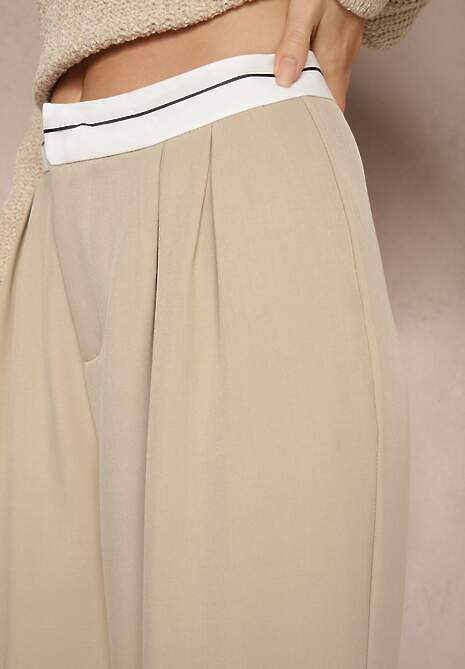 Beżowe Spodnie z Wiskozy Palazzo High Waist Zapinane na Suwak Nellieva