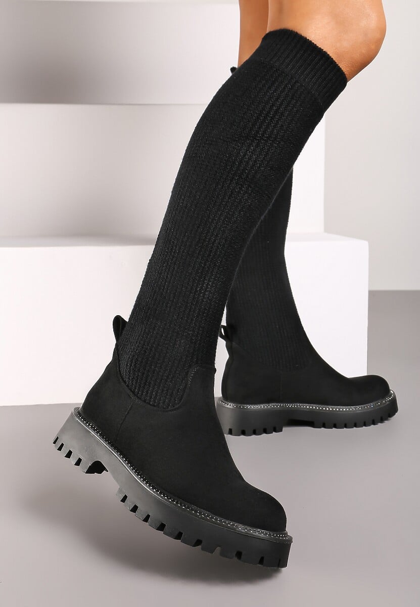 Czarne Kozaki na Platformie ze Skarpetową Cholewką Ozdobione Cyrkoniami Lerivara
