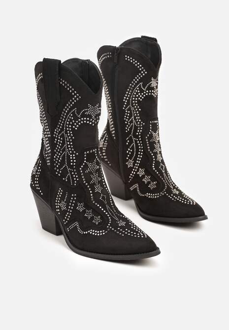 Czarne Botki na Kowbojki na Słupku z Cyrkoniami Flarise