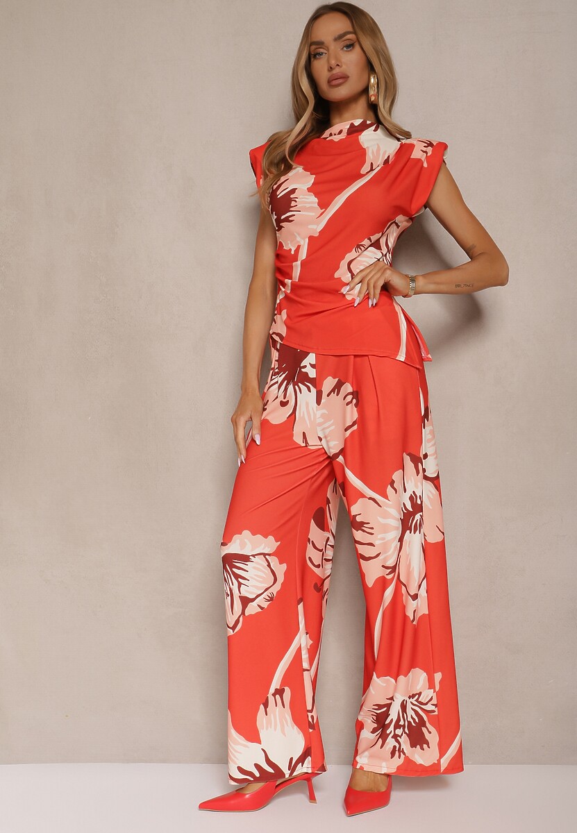 Czarny Komplet Marszczona Bluzka o Asymetrycznym Kroju i Szerokie Spodnie w Kwiaty Linidia