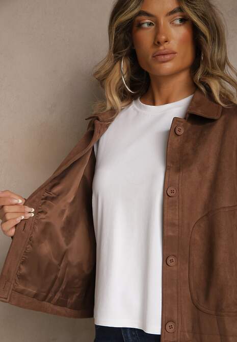 Brązowa Kurtka z Imitacji Zamszu o Koszulowym Kroju Aronelle