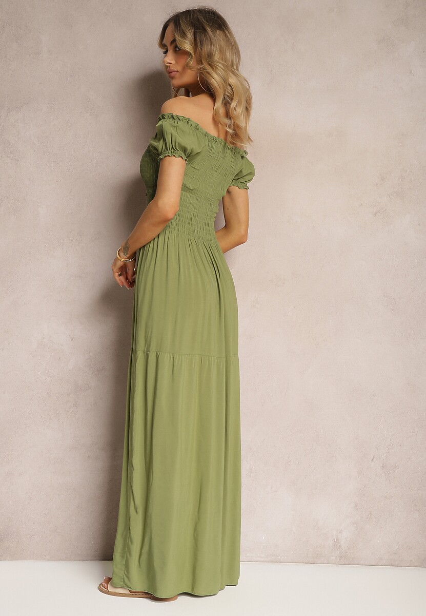 Jasnozielona Sukienka Hiszpanka z Wiskozy z Górą Marszczoną Gumkami Moallme