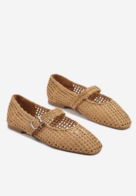 Brązowe Ażurowe Balerinki w Stylu Mary Jane z Plecioną Cholewką Deraelle