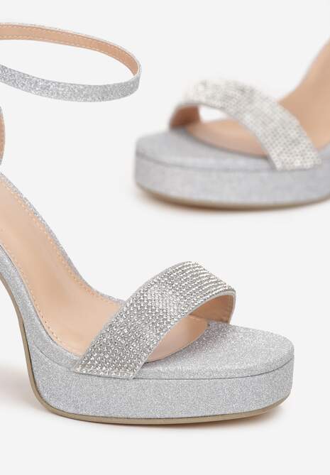 Srebrne Sandały Brokatowe na Platformie i Słupku Lirena