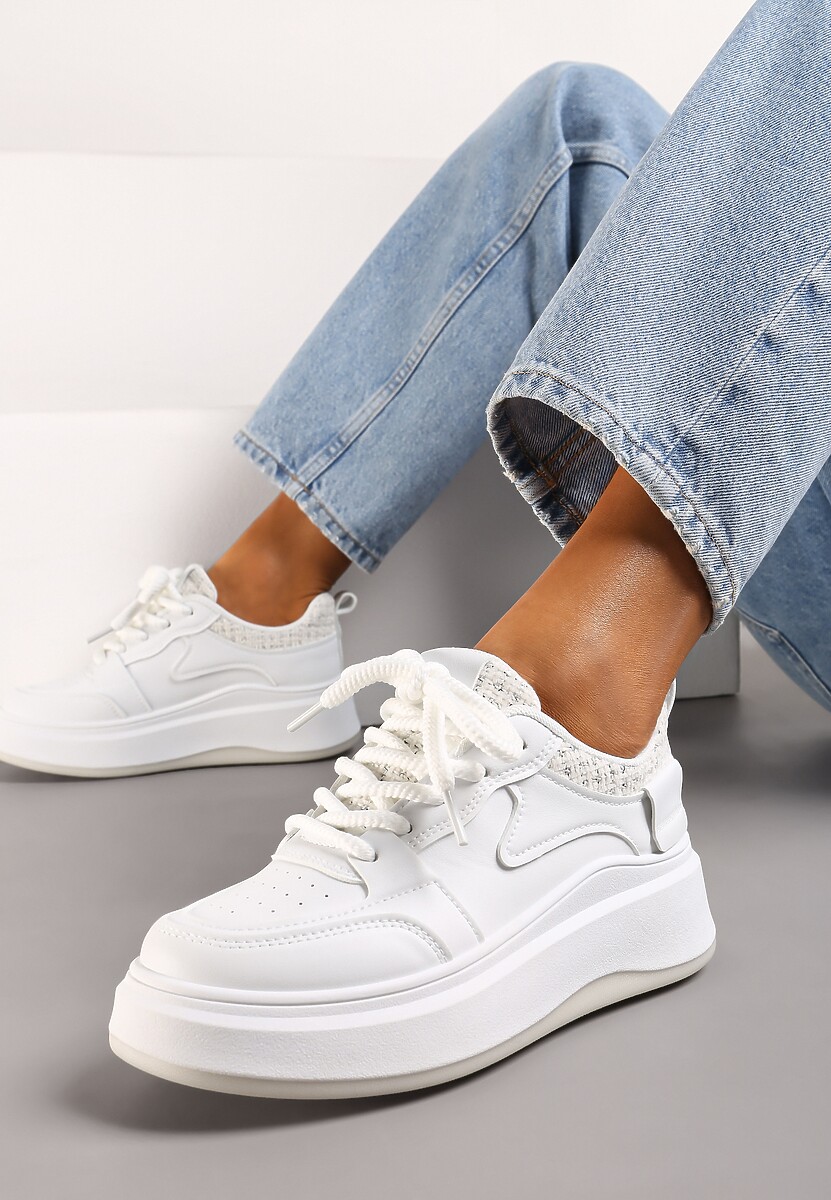 Biało-Beżowe Sneakersy na Platformie przed Kostkę z Ozdobnymi Przeszyciami Arsicada