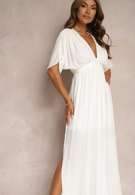 Biała Rozkloszowana Sukienka Maxi z Gumką w Talii z Lnu i Wiskozy Jackina