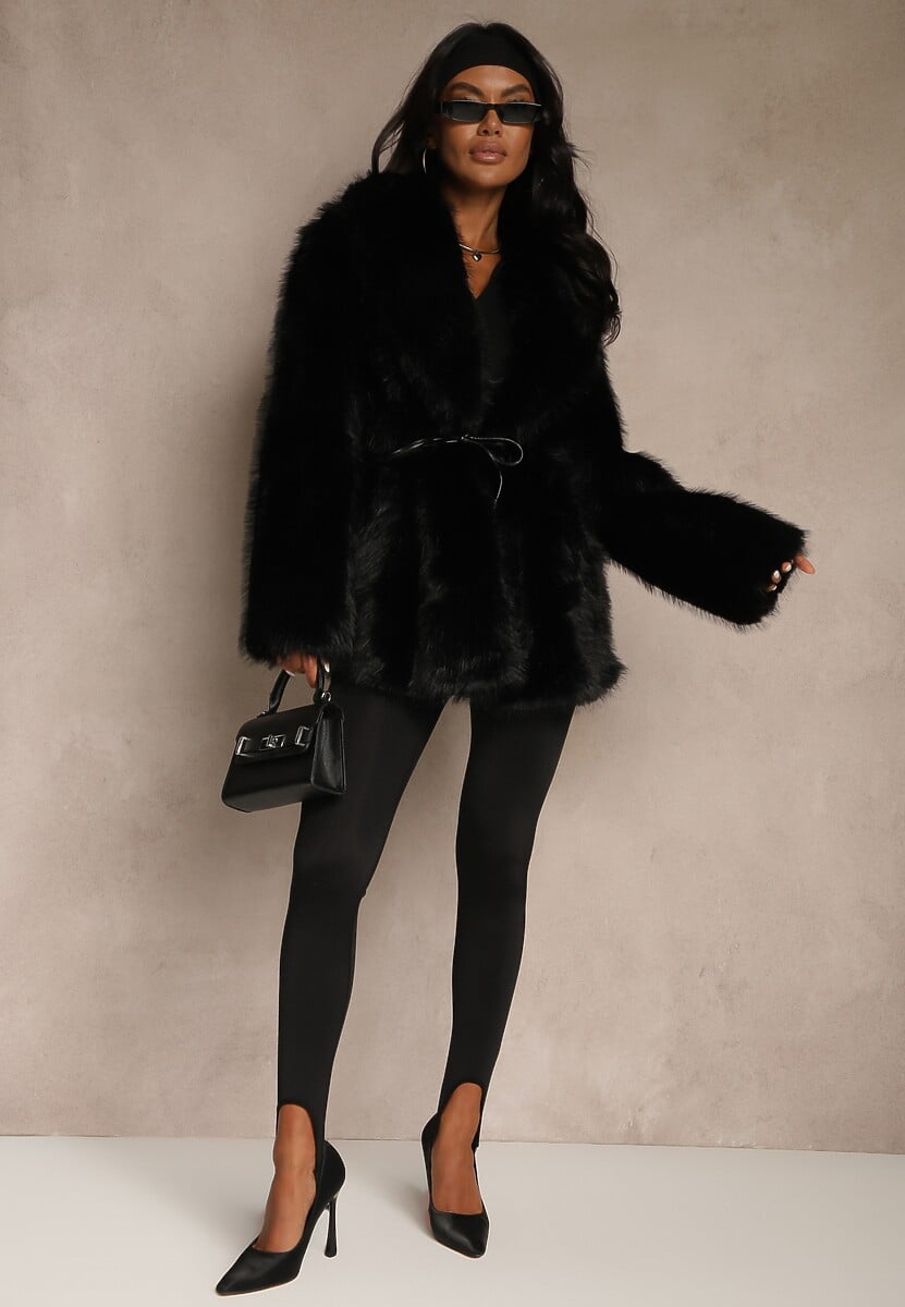 Czarna Klasyczna Kurtka Futerko z Wąskim Wiązanym Paskiem w Talii Casfitta