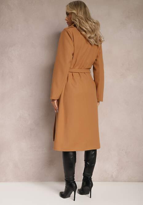 Ciemnobeżowy Taliowany Płaszcz z Wiązanym Paskiem Seraphique