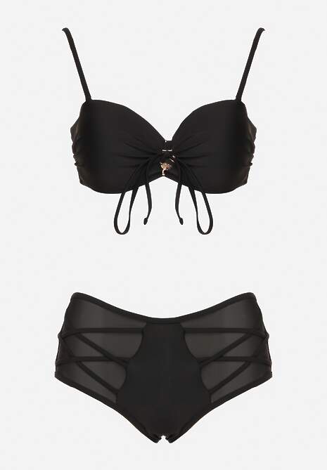 Czarne Bikini Biustonosz i Majtki Figi High Waist z Siateczkowymi Zdobieniami Kinovia