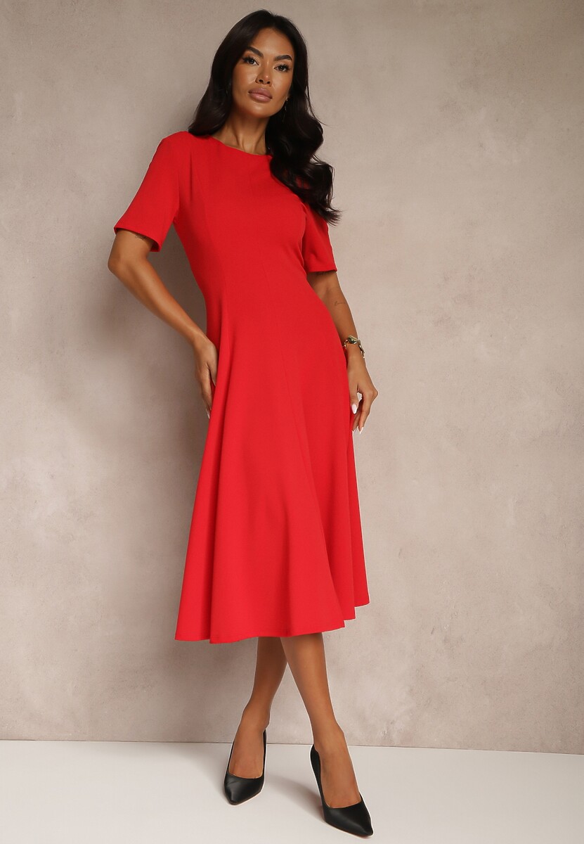 Czerwona Sukienka Rozkloszowana o Taliowanym Fasonie Telaswena