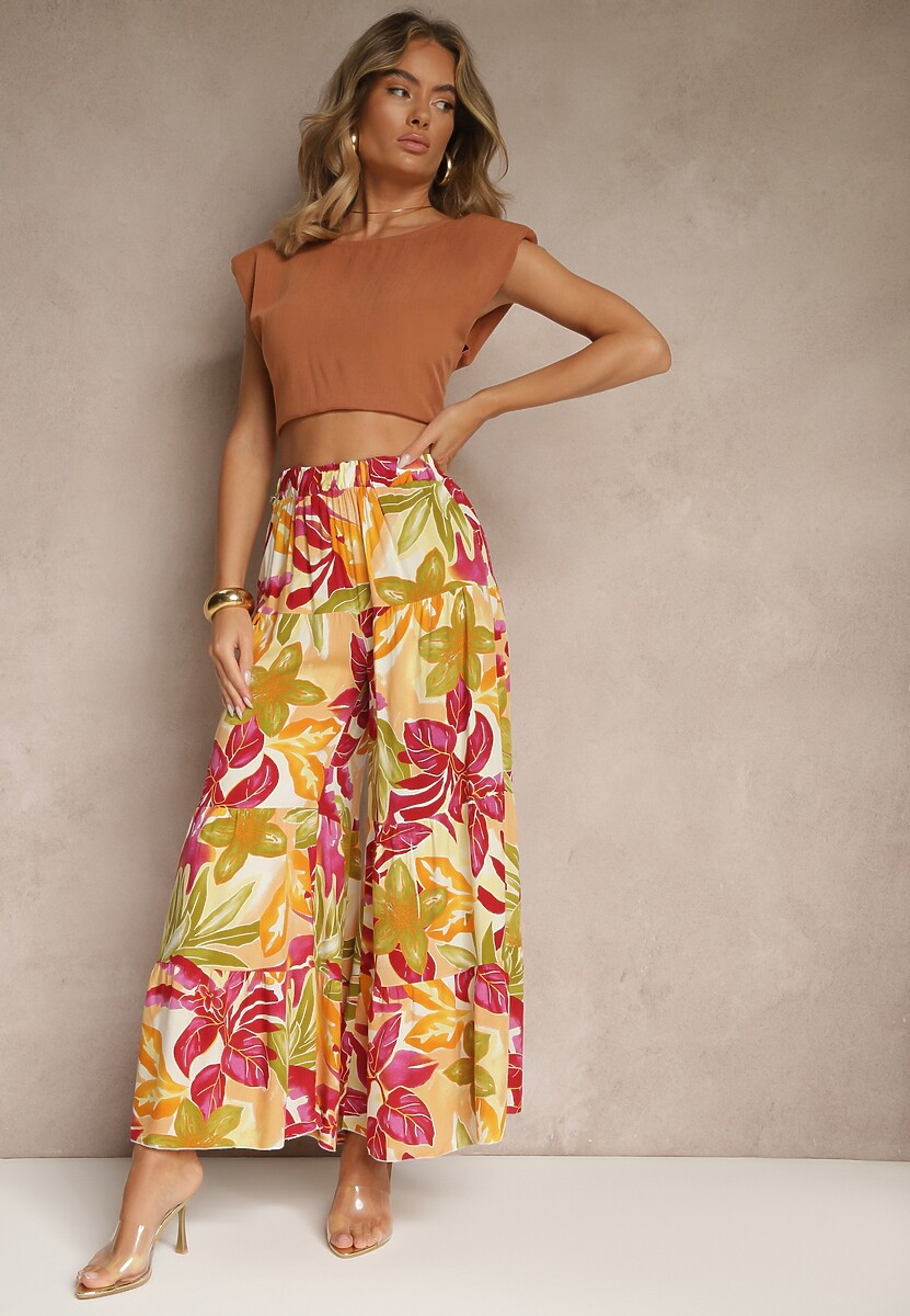 Zielono-Różowe Wiskozowe Spodnie z Wysokim Stanem i Szerokimi Nogawkami z Gumką w Talii Nansialia