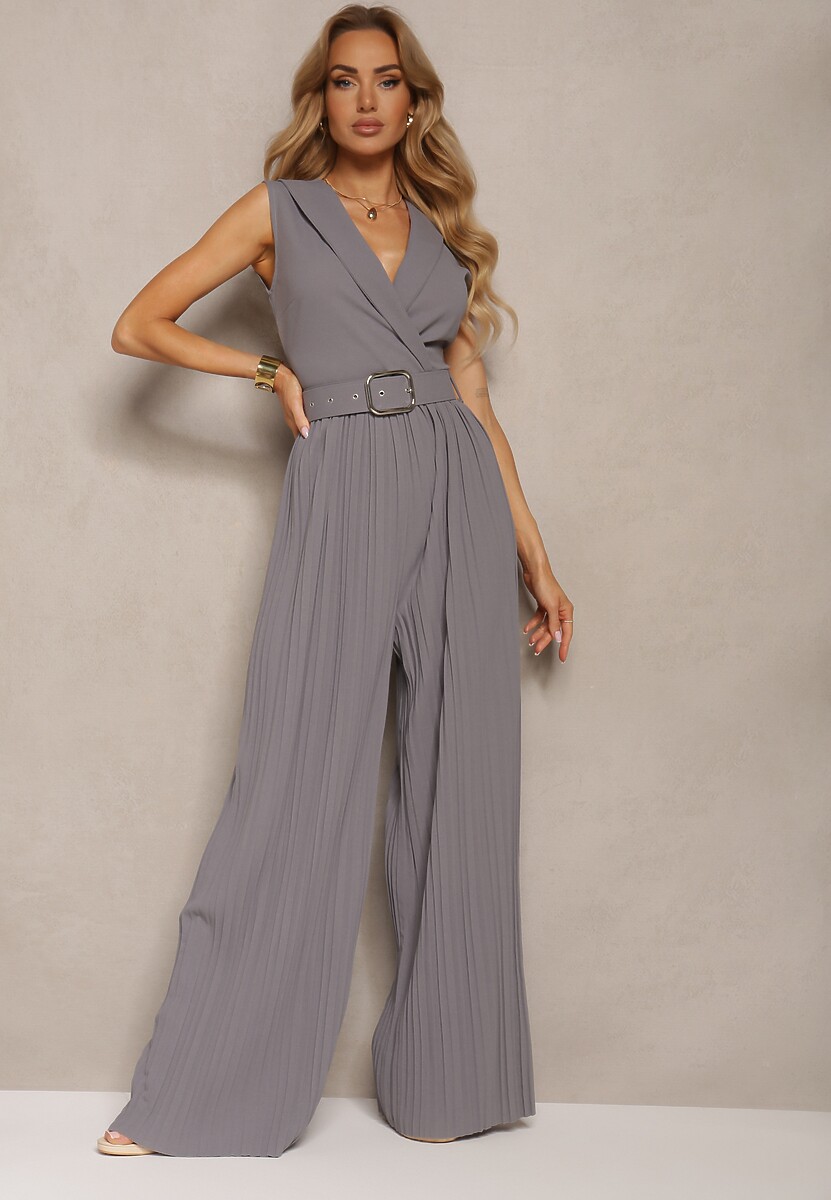 Szary Kombinezon z Trójkątnym Dekoltem i Szerokimi Plisowanymi Nogawkami z Paskiem Moncilla