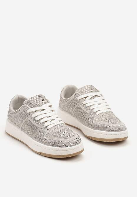 Szare Sneakersy na Płaskiej Podeszwie Wykończone Cyrkoniami Vlisina