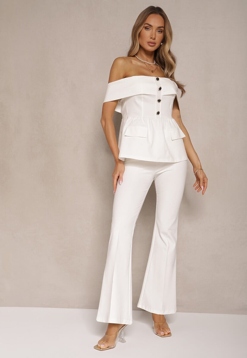 Biały Garniturowy Komplet Bluzka Typu Hiszpanka i Spodnie Flare Silkio
