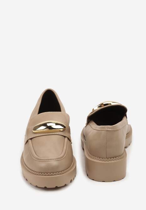 Ciemnobeżowe Mokasyny Vices z Wkładką ze Skóry Naturalnej z Metaliczną Aplikacją Fergia