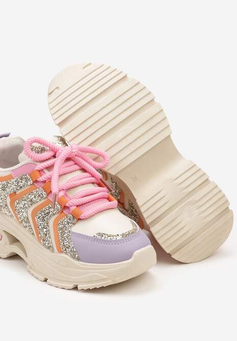 Beżowo-Fioletowe Sznurowane Sneakersy na Platformie Ozdobione Brokatem Ewla