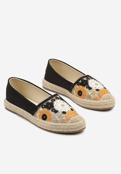 Czarne Espadryle z Ozdobnym Kwiatowym Haftem i Plecionką Toliata