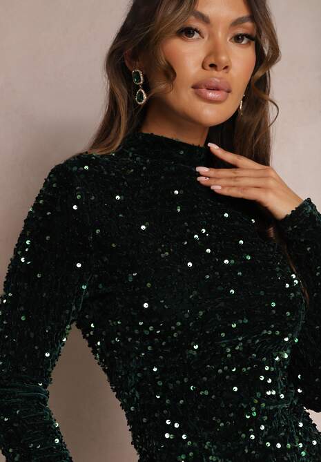 Ciemnozielona Cekinowa Sukienka Mini z Półgolfem Rottamia