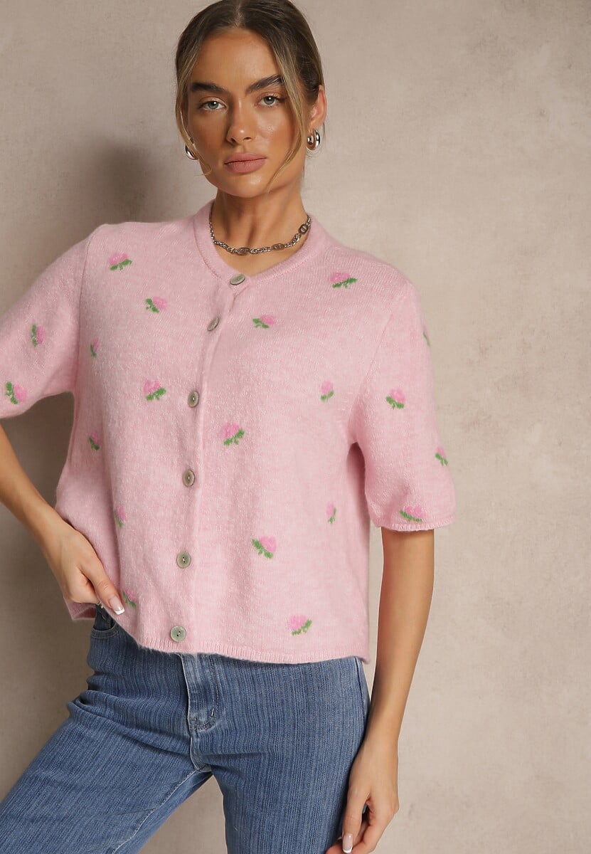 Niebieski Wzorzysty Sweter Kardigan z Krótkim Rękawem z Dodatkiem Wełny Korivelle