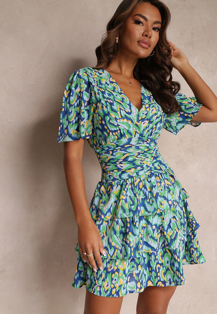 Niebieska Sukienka Mini z Gumkami w Talii i Ozdobnym Marszczeniem Veerisa