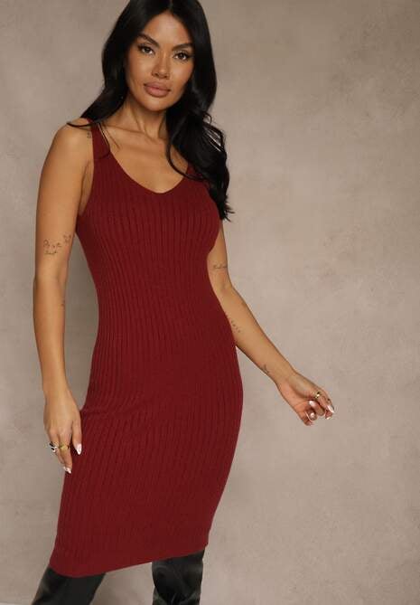 Bordowy Prążkowany Komplet z Dzianiny Sukienka Bodycon i Sweter Nietoperz Wediana