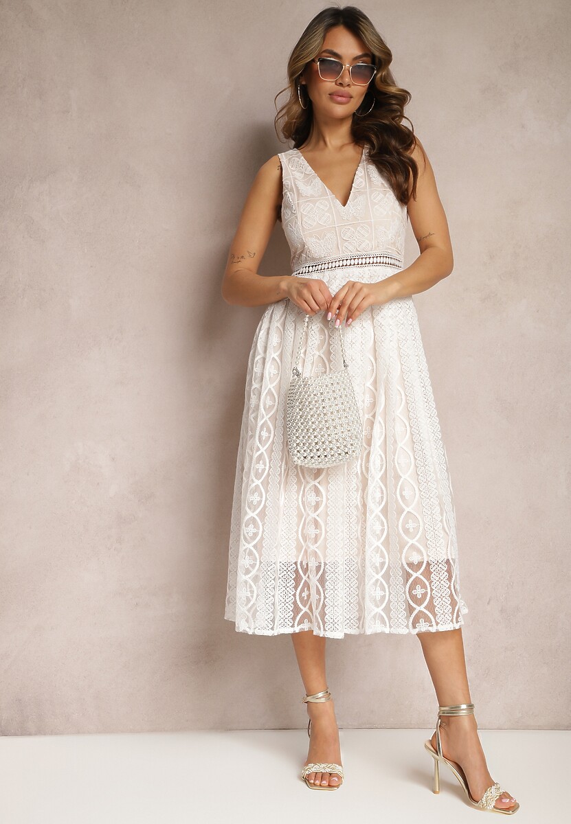 Jasnobeżowa Plisowana Sukienka na Ramiączkach z Ozdobnym Wzorem i Suwakiem Mirilla