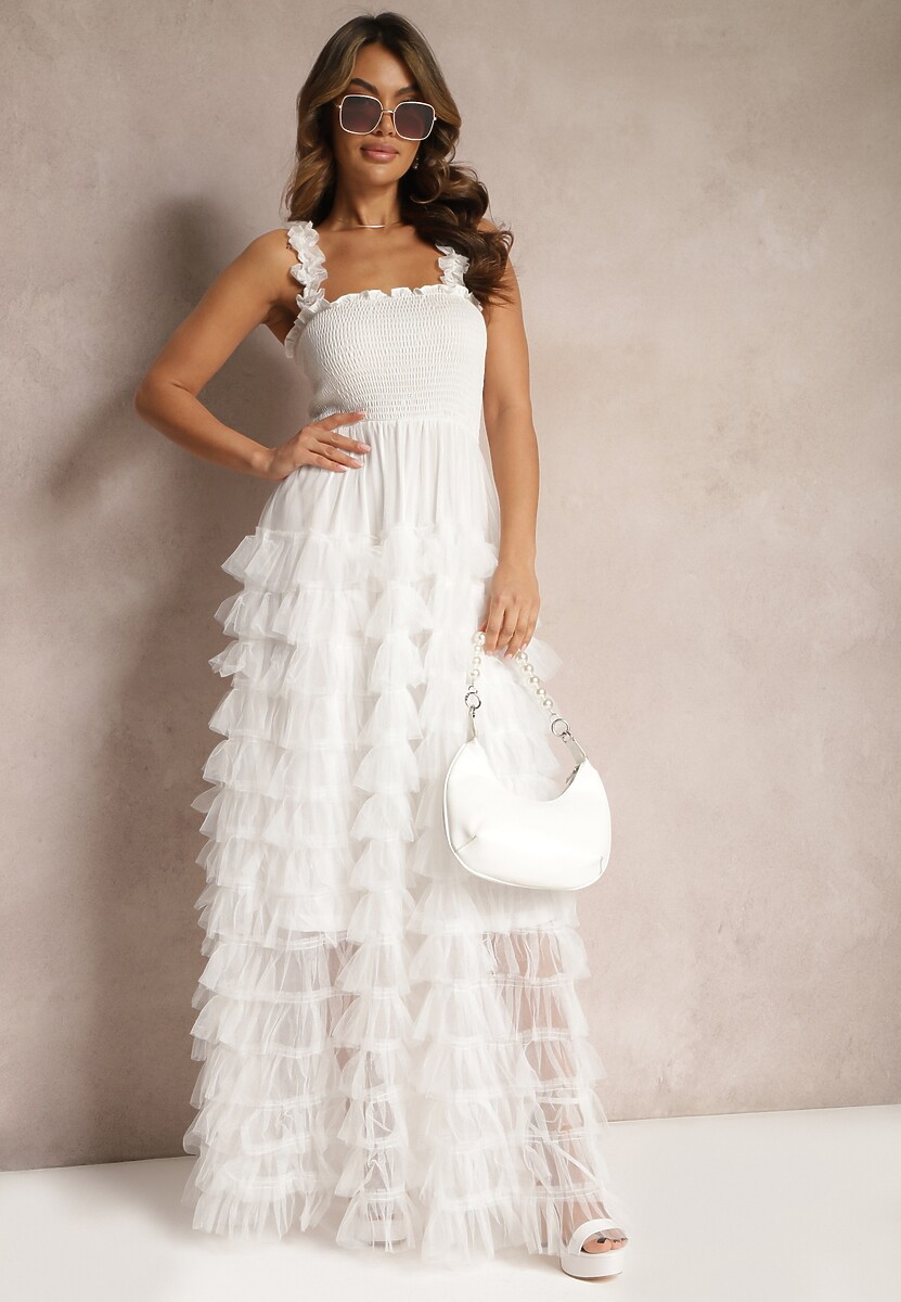 Biała Koktajlowa Sukienka Maxi z Tiulowymi Falbankami Amiusa