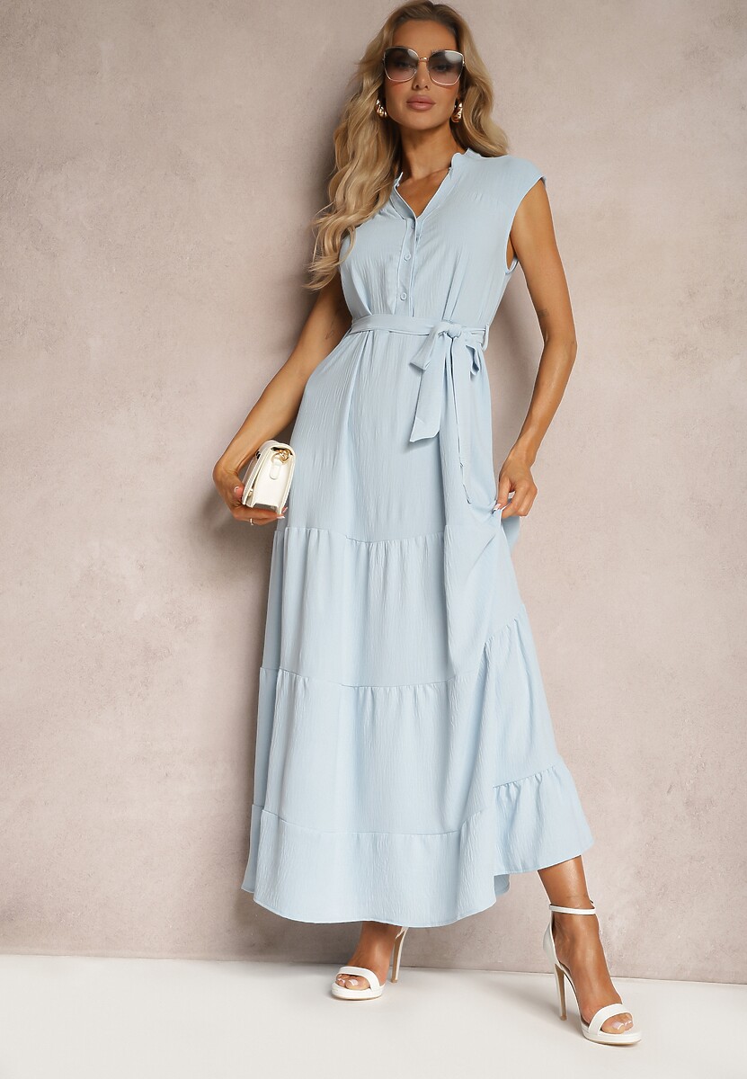 Ciemnoróżowa Sukienka z Paskiem w Talii o Rozkloszowanym Fasonie bez Rękawów Ellasin