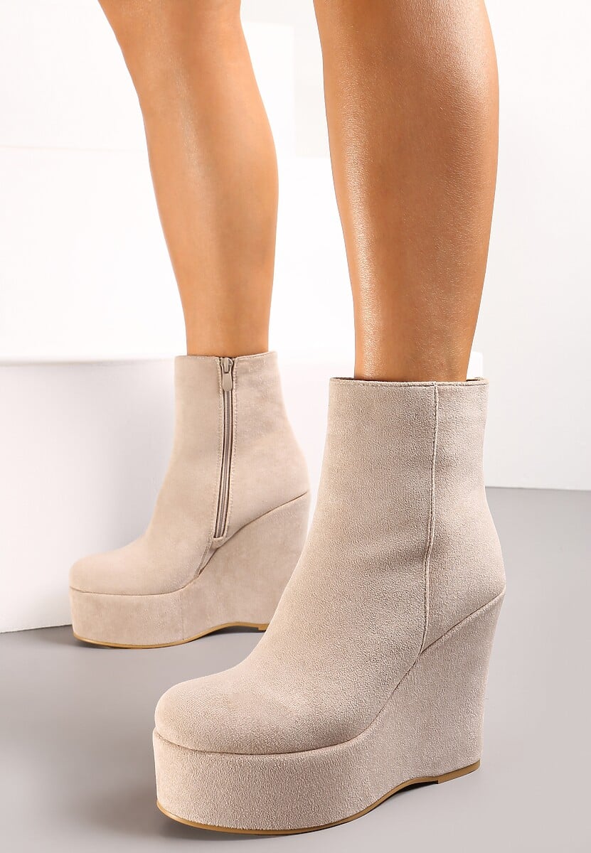 Beżowe Botki na Koturnie z Wysoką Platformą z Imitacji Zamszu Morrena