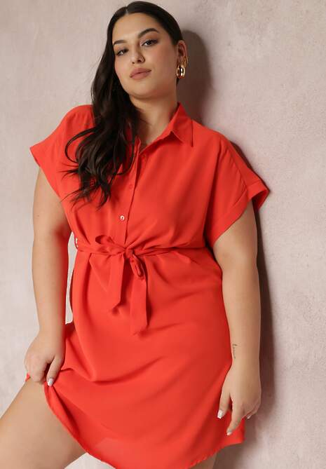 Pomarańczowa Sukienka Koszulowa Wiązana w Pasie z Krótkimi Rękawami Wellwood