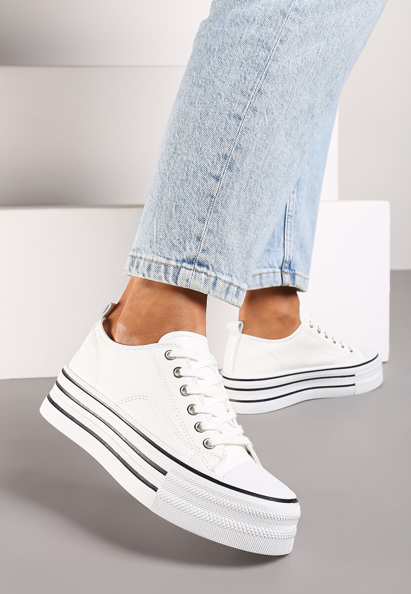 Białe Streetwearowe Trampki Basic na Grubej Podeszwie w Paski Avirissa