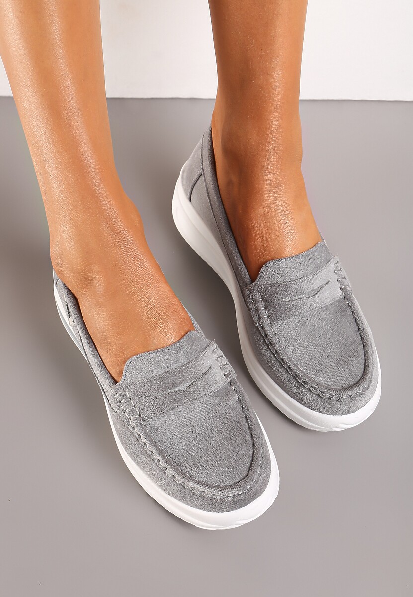 Szare Mokasyny z Ekozamszu na Platformie Ozdobione Paseczkiem Adrancia