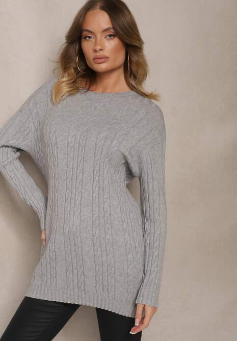 Szary Sweter z Bawełną Wiskozą i Ozdobnym Splotem Viacelia