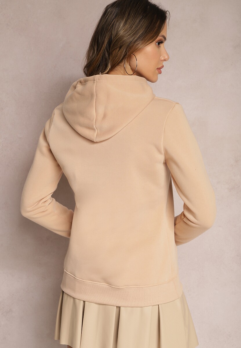 Beżowa Bluza z Kapturem i Ozdobnym Nadrukiem Kliorre