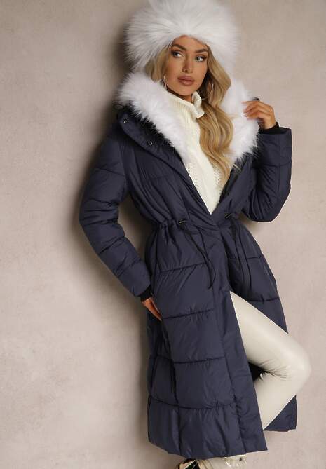 Granatowa Pikowana Kurtka Płaszcz z Kapturem i Gumką w Pasie Elastia