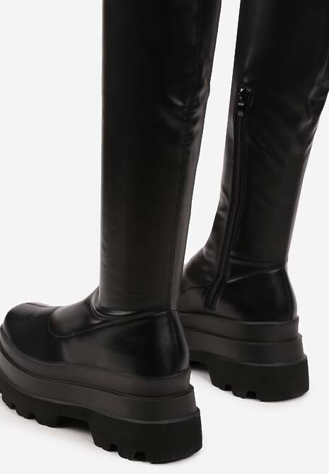 Czarne Caualowe Kozaki w Stylu Muszkieterek na Platformie Leniefra