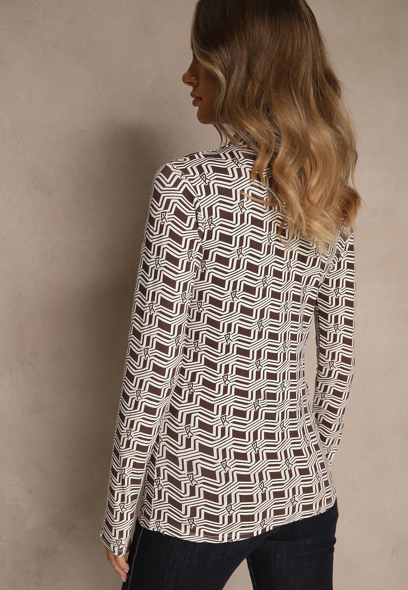 Biało-Brązowa Bluzka Longsleeve z Golfem z Bawełny w Geometryczny Print Zadanevia