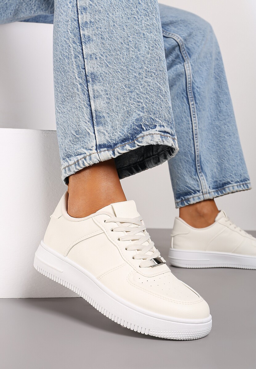 Beżowe Sznurowane Sneakersy Ozdobione Perforacją Ellemisa