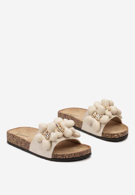 Beżowe Klapki ze Złotymi Misiami i Kwiatkami na Profilowanej Podeszwie Isaralle