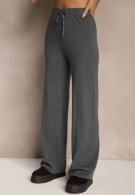 Szary Komplet z Dzianiny z Bawełną Spodnie Kardigan i T-shirt z Golfem Ralonia