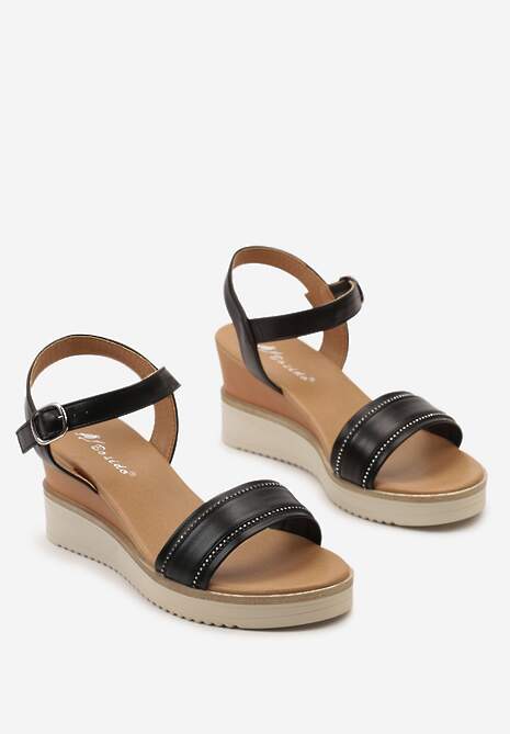 Czarne Sandały na Koturnie z Platformą Ozdobione Cyrkoniami  Wistalas