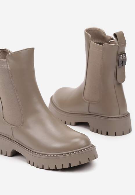 Beżowo-Szare Botki Sztyblety na Platformie Ozdobionej Tłoczeniem z Gumką Naritana